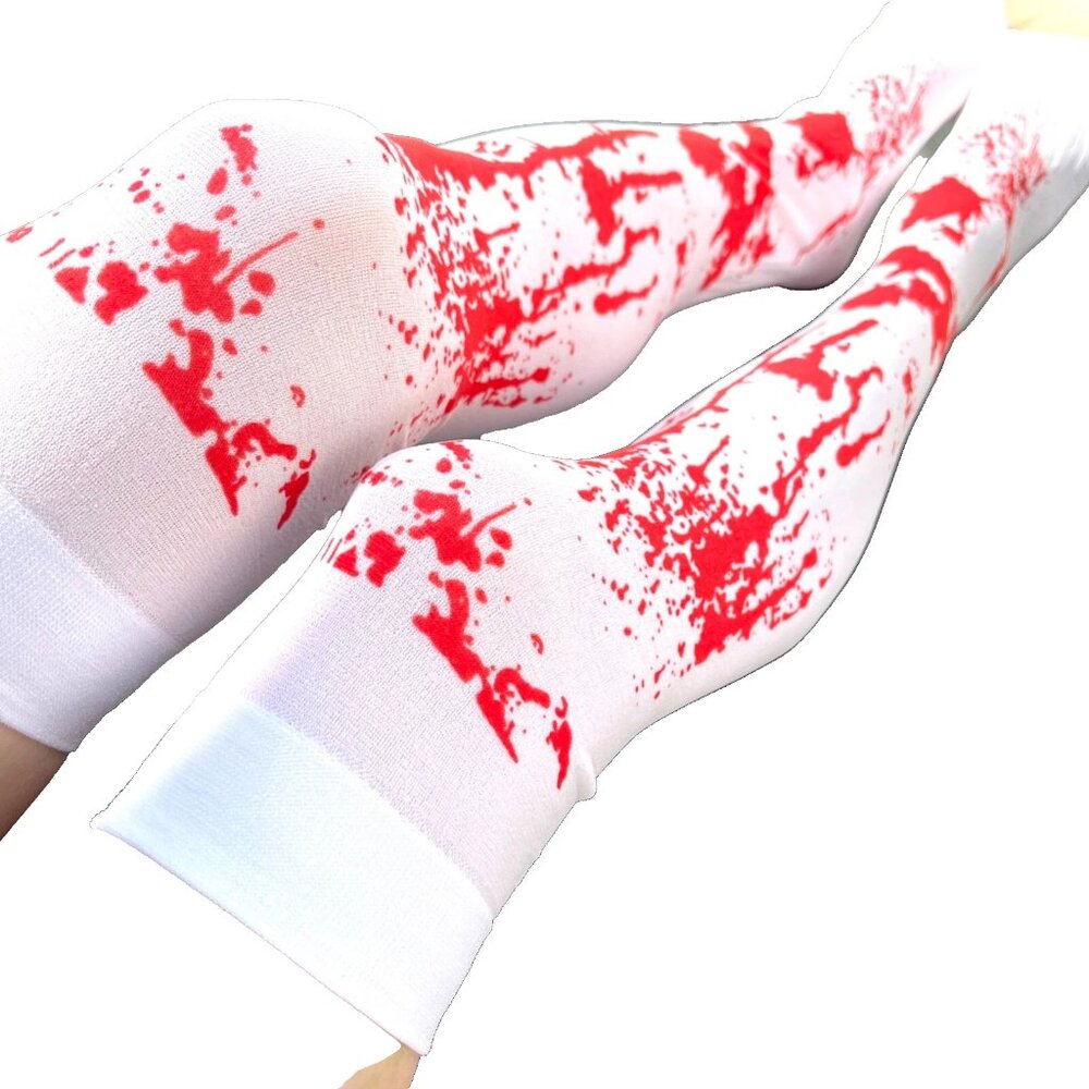 Bloody Thigh Highs Socks White Red Zombie Costume Halloween Stockings Over Knee